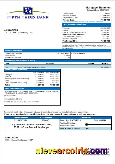 USA Fifth Third Bank mortgage statement